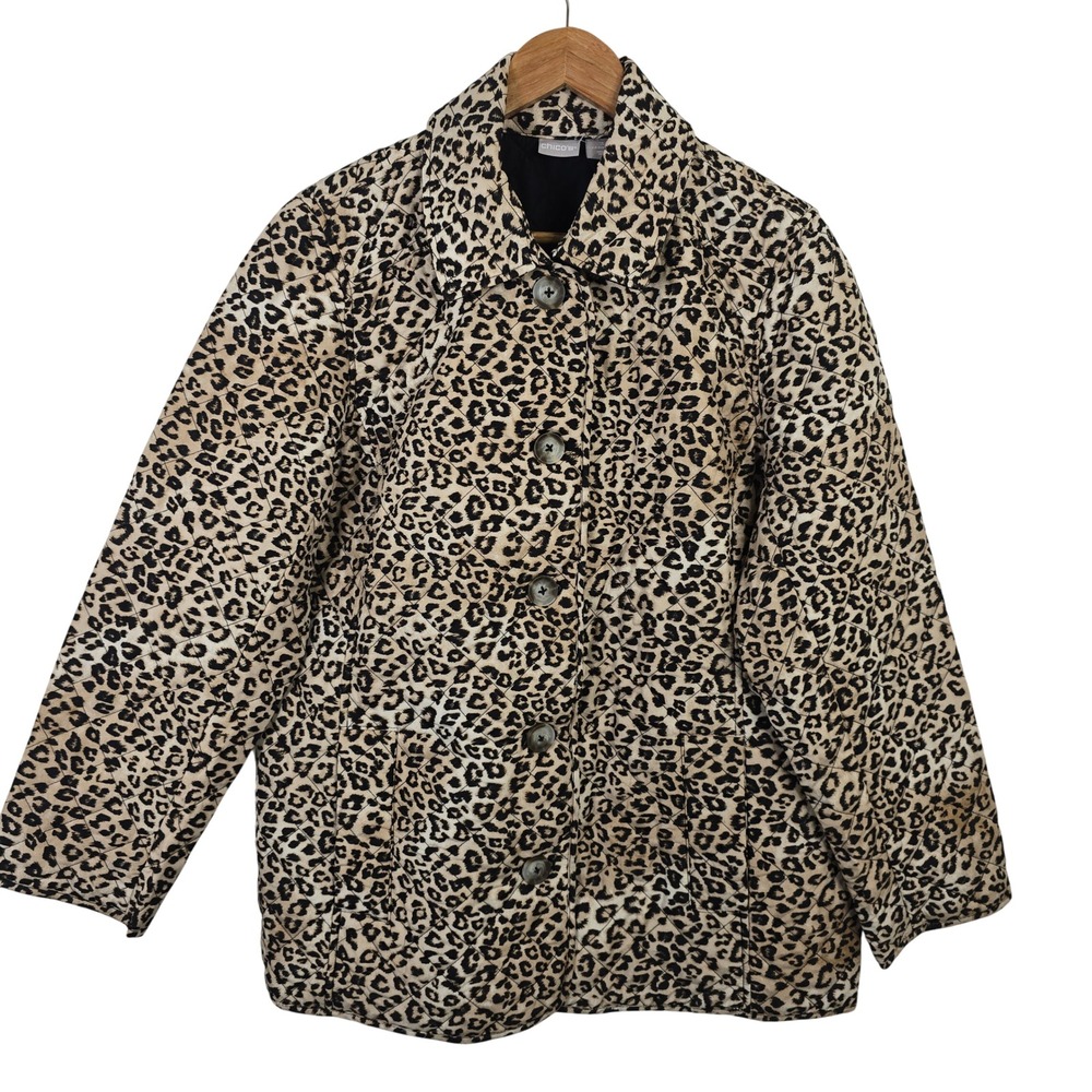 Chico's Women Tan Leopard Print Quilted Button Front Jacket Size 3 US 16/18